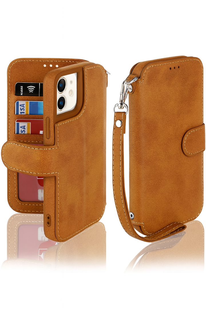 Ｈａｖａｙａ for iPhone 12 case Wallet with Card Holder Wrist Strap for Women Men PU Leather Flip Folio Credit Card Slots Stand Shockproof Phone Cover for Apple 12 Pro (6.1")-Brown