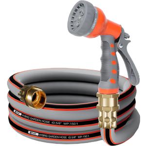 Garden Hose 10 ft 5/8,Heavy Duty Rubber Water Hose,Hybrid Durable Flexible Hose,Lightweight No Kink Hose for Outdoor Yard Lawn Condo Patio with Sprayer Nozzle and 3/4''Brass Solid Fittings