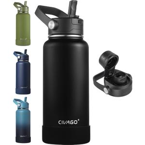 CIVAGO 32 oz Insulated Stainless Steel Water Bottle with Detachable Straw, Large Metal Water Jug with Bucket Handle, Leakproof Sports Water Flask with Silicone Boot for Travel, Dishwasher Safe, Black