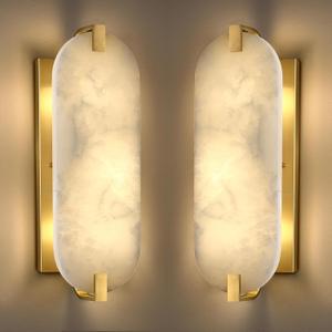 15.7" Natural Oval Alabaster Marble Modern Concise 2 Pack 2 Light Wall Sconce Fixture,Gold Finish for Bathroom Bedroom Hallway Bedside Staircase Vanity Mirror