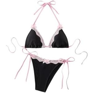 WDIRARA Women's Lace Trim Halter Bikini Set Bow Tie Side Bathing Suit 2 Piece Swimsuit size S
