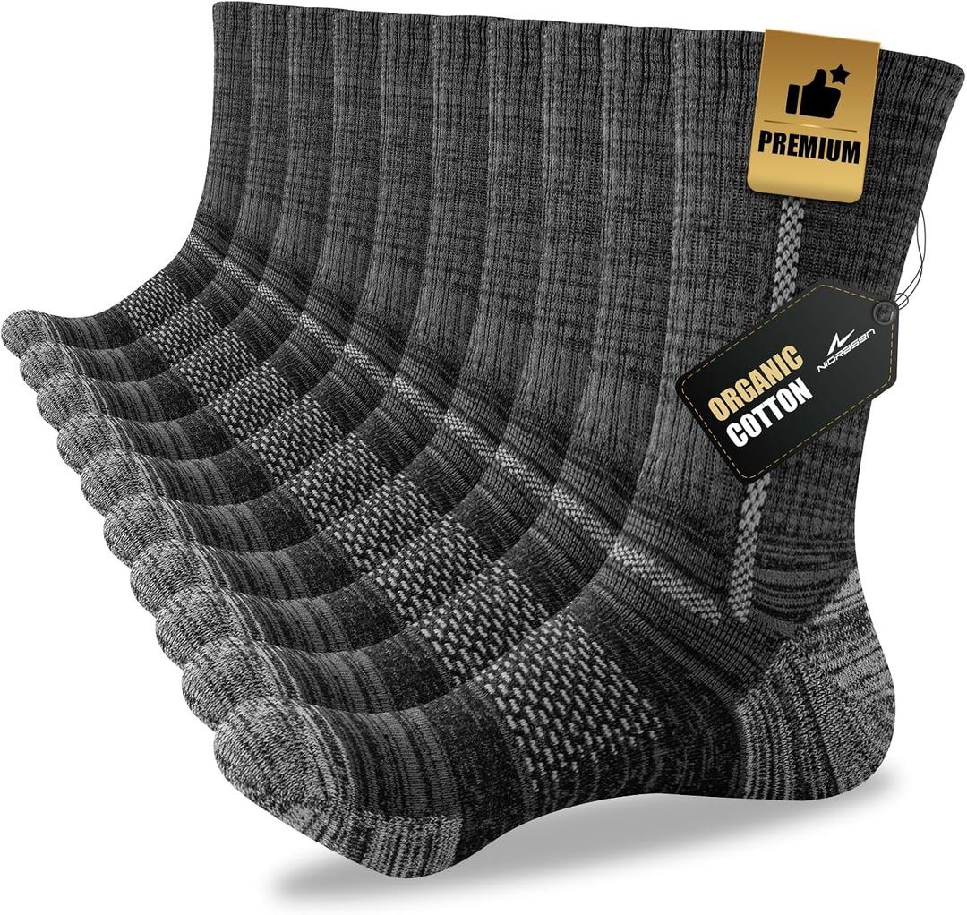 Niorasen Men's Cotton Crew Work Socks, 5 Pairs Cushioned Boot Socks, Moisture Wicking Athletic Socks for Hiking Sports Running 10-13 (Black)