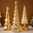 3 Pack Glass Christmas Trees Lighted Christmas Tree Tabletop Glitter Christmas Centerpieces Decoration Glass Xmas Tree Holiday Figurines Ornament for Tables Mantle Holiday Fireplace(Gold)