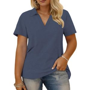 VISLILY Plus-Size-Summer-Tops for Women Collared V Neck Polo Shirts Flowy Tunics Trendy Short Sleeve Blouses XL