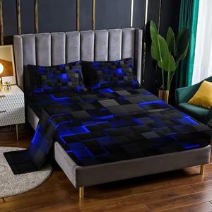 Geometry 4 Pieces Bed Sheet Sets Queen Size,Blue Black Bed Fitted Sheet Soft Bedding Sets with 16" Deep Pockets for Kids and Adults Bedroom Decor,Bedding Set 4 PCS(1 Fitted+1 Flat+2 Pillowcases)