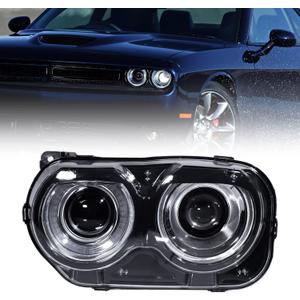FIONE - For Dodge Challenger Headlight Assembly 2015 2016 2017 2018 2019 2020 2021 Black Housing Halogen Headlamps Replaceable Left Driver LH Side Headlights 68174065AF CH2502267