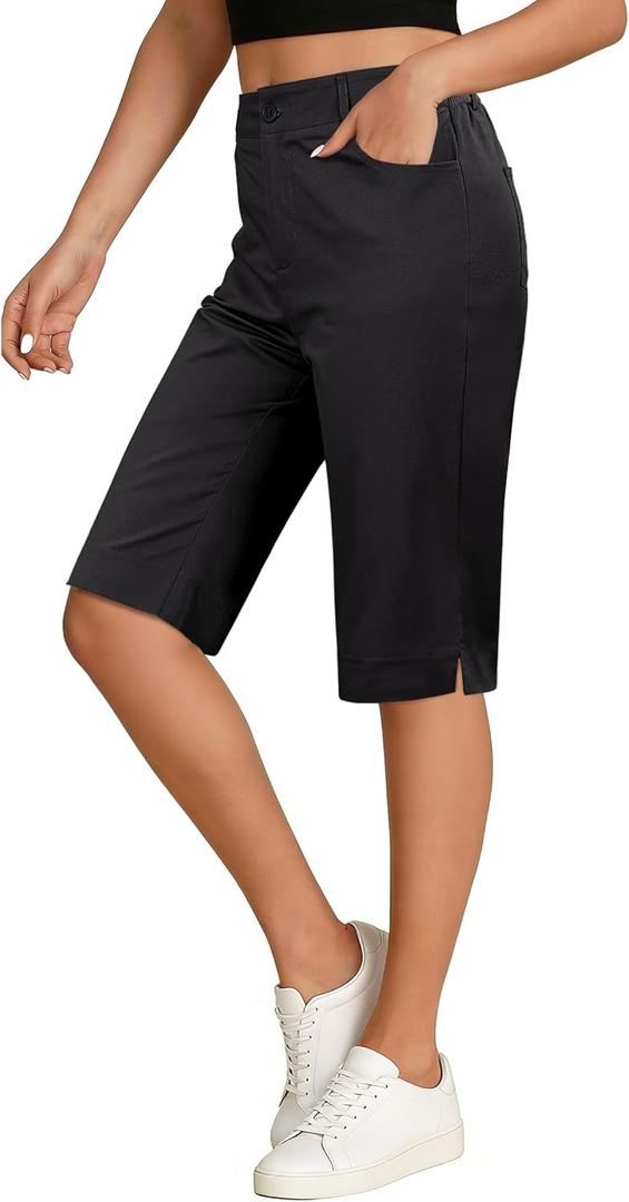 luvamia Bermuda Shorts for Women Knee Length High Waisted Side Split Elastic Waist Summer Dressy Casual Long Chino Shorts (Small, Black)