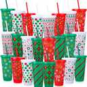 Ovveroche 24 Pcs Christmas Plastic Cups with Lids and Straws, 24 OZ Reusable Drinking Cups for Christmas Party Supplies Birthday Gift Juice Coffee Cold Drinks