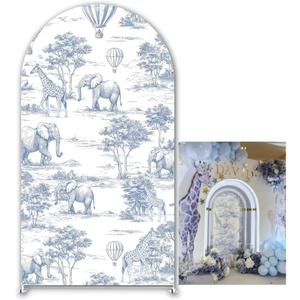 Blue Vintage Toile de Jouy Arched Backdrop Cover Jungle Adventure Spandex Stand Cover Hot Air Balloon Boys 1st Birthday Party Decoration (No Stand!) (4x7.2ft, Kp-g-4262)