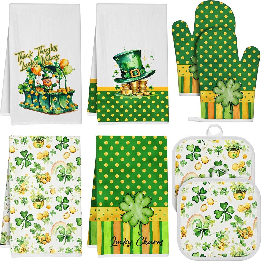 Hahafelt 8 Pcs St Patrick Day Kitchen Decor Set 4 Four Leaf Clover Dish Towel 2 Pot Holder 2 Oven Mitt Tent for Car Irish Hat Kitchen Accessories Rv Campers Home Decorations