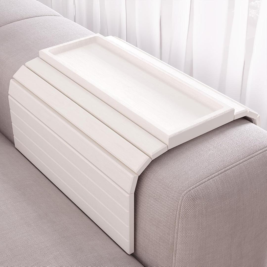 Sofa Arm Tray,Bamboo Folding Couch Arm Tray,Sofa Armrest Trays with Anti-Slip Pad for Drinks,Snacks,Phone,Remote ControlWhite