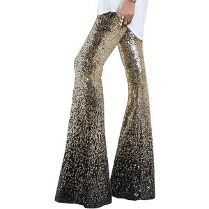 EVALESS Women Sequin Pants Sparkly Glitter High Waisted Wide Leg Flare Trousers Bell Bottom Night Out Clubwear (Large, Gradient Gold Black)