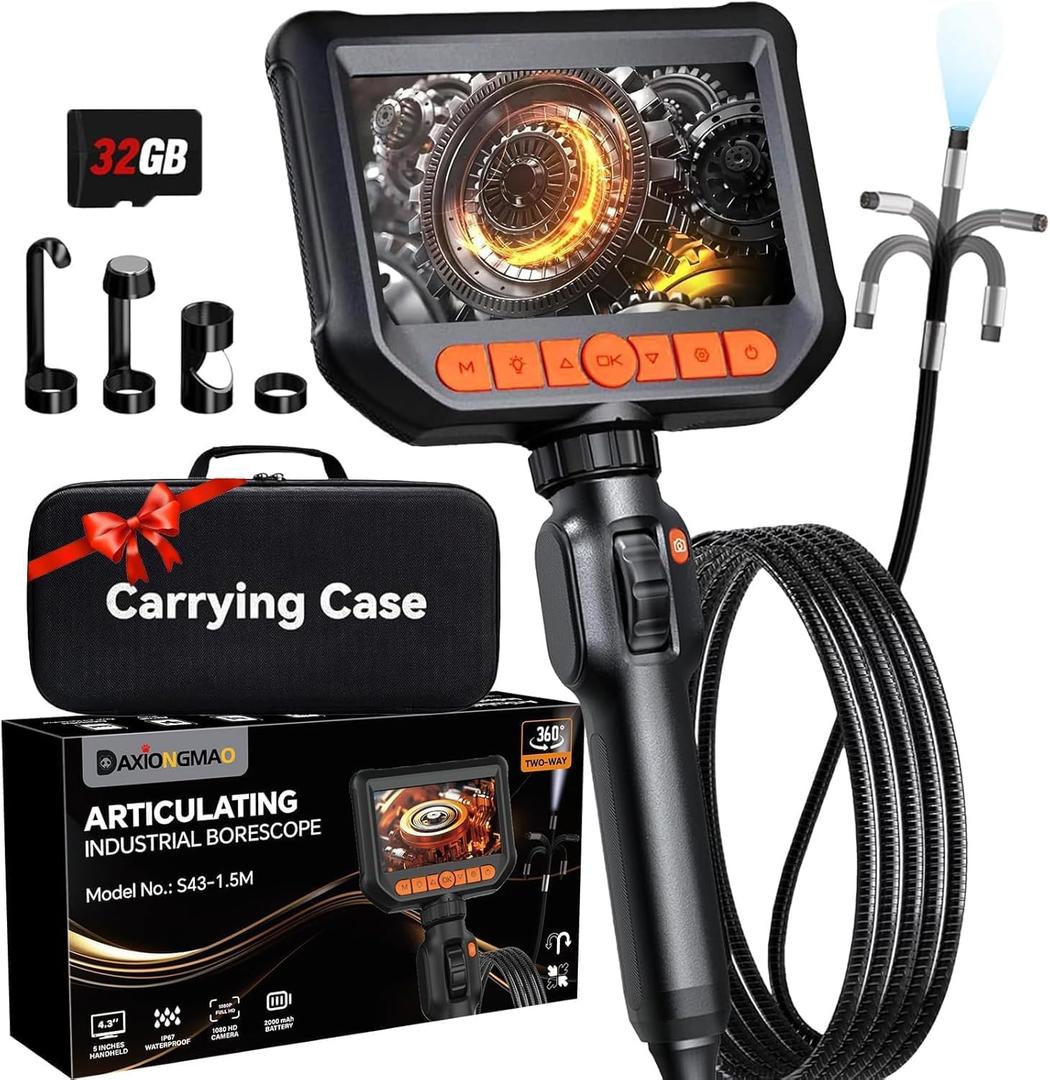 Daxiongmao Endoscope Camera with Lights, 1080P HD Two-Way Articulating Borescope, IP67 Waterproof Snake Camera Ideal for Inspecting Walls, Vents, Automotive Engines, Pipes A Tool for Men (5ft)
