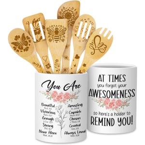 Mothers Day Gifts for Mom, Christian Cooking Utensils Set for Women, Utensil Holder & 6 Wooden Spoons Cooking Gifts For Mom, Ceramic Holder, Kitchen Gifts For Women Christmas (01. You are awesome)