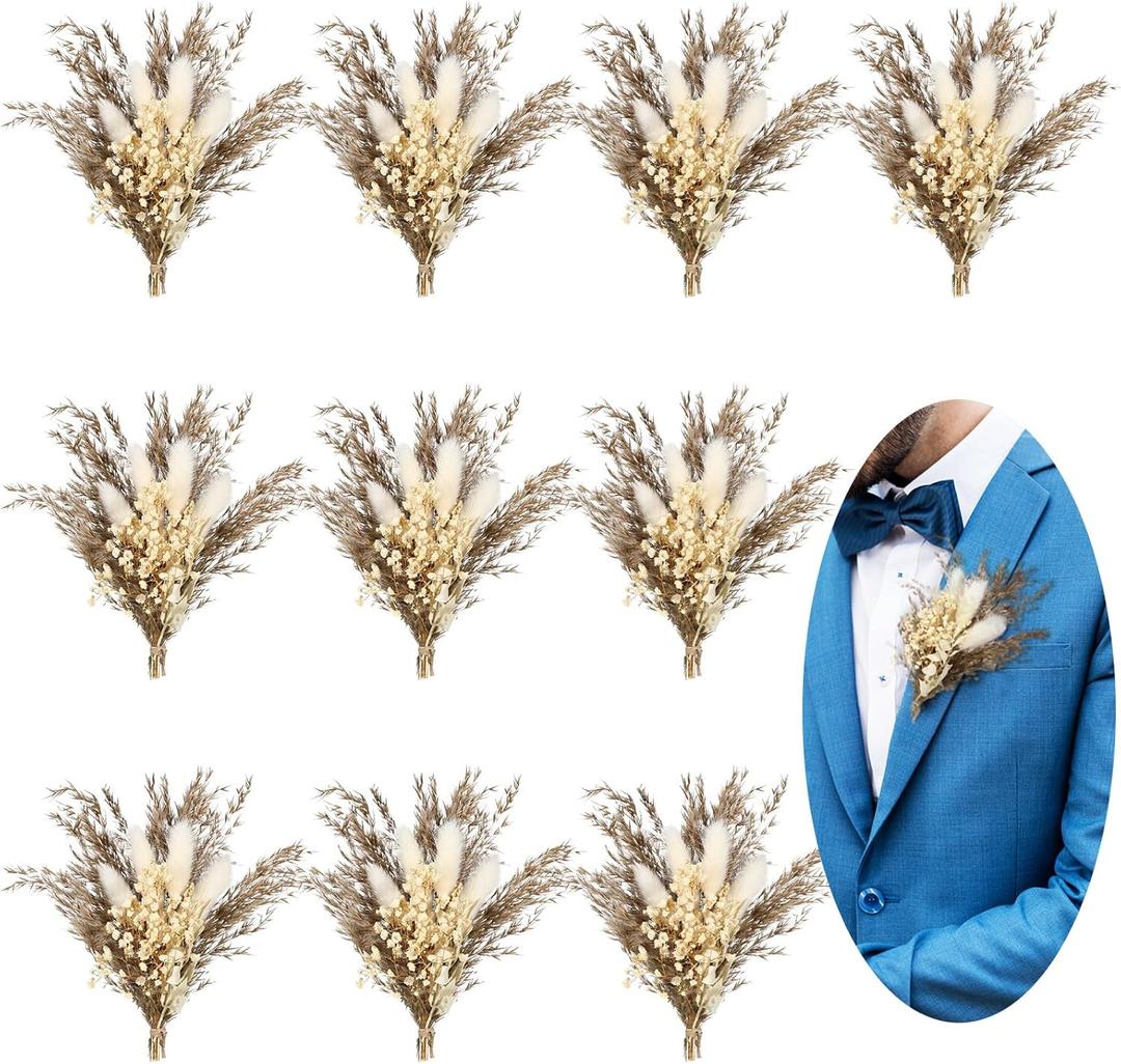Fabbay 10 Pcs Boho Dried Flower Boutonniere for Men Wedding Mini Dried Flower Bouquet Pocket Boutonniere for Groomsmen Groom Wedding Ceremony Anniversary Dinner Party Decorations