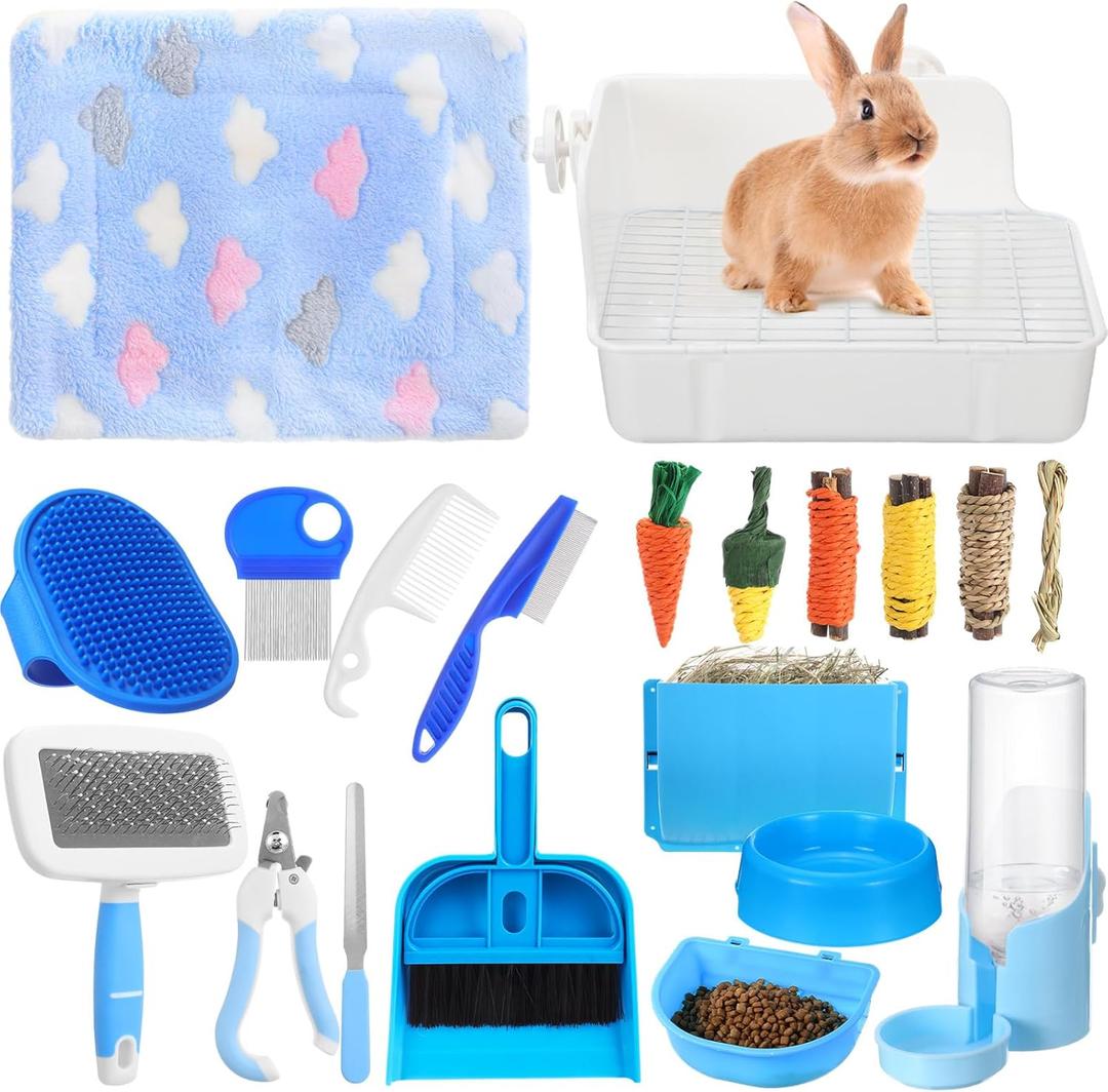 20 Pcs Rabbit Starter Kit Small Bunny Litter Box Animal Grooming Kit with Hanging Pet Bowls Water Bottle Bunny Toys Flannel Blankets with Cleaning Set for Guinea Pig Rabbit Accessories (Blue)