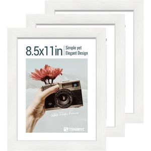 8.5 by 11 Picture Frame Set of 3 - White Woodgrain, Solid Wood & HD Tempered Glass, Table Display or Wall Hanging