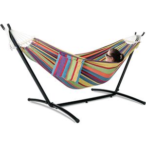 GAFETE Double Hammock with Stand for Outside, Upgraded Spreader Bar, Heavy Duty Space Saving Steel Stand 2 Person, Side Pockets, Easy Assembly, 600lbs Weight Capacity, Indoor & Outdoor (Classic Red)