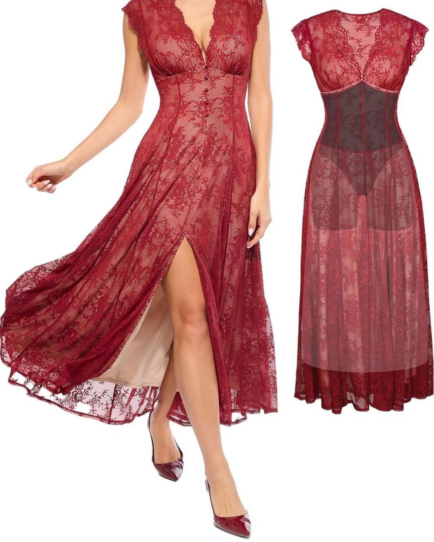 Popilush Women's Formal Wedding Guest Lace Sleeveless V Neck Maxi Shapewear Dress Evening Mother of Bride Split Dresses XXL