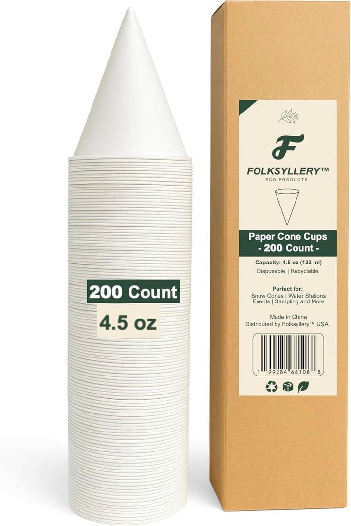 4.5oz Paper Cone Cups  200 Count | Sturdy WaxFree RolledRim Paper Cones for Snow Cones, Water Dispensers & Sampling | Durable, LeakResistant & Recyclable