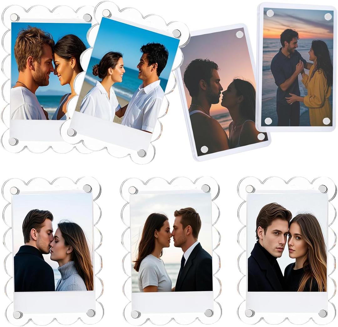 7 Pack Acrylic Polaroid Magnetic Frames for Refrigerator, Clear Picture Frames for Mini Instant Photos, 2.95x4.13 Inch Wallet Size Instax Magnet Frame for Fridge (5Scalloped+2square)