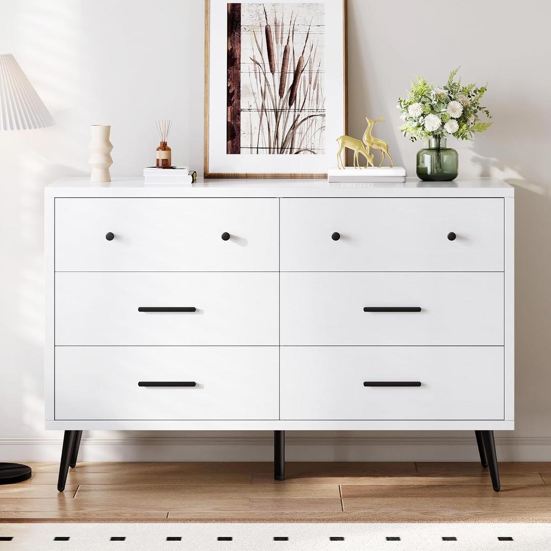 DWVO White 6 Drawers Dresser, Modern Wood Dresser Chest of Drawers with Black Metal Handle Anti-Tipping Device, Modern Storage Cabinet for Hallway, Entryway, Living Room