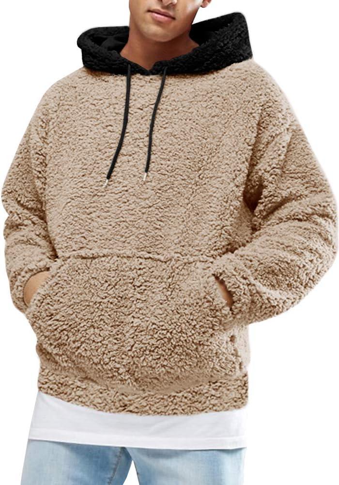 Runcati Mens Fuzzy Sherpa Pullover Hoodie Sweatshirts Long Sleeve Sport Front Pocket Military Fall Outwear Winter Hooded (Beige, L)