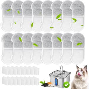 16+16 Pack Replacement Filters for SEIRMEP 101oz/3L Stainless Steel Cat Water Fountain, Includes 16 Filters & 16 Sponges