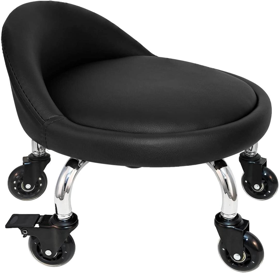 Rolling Stool with Backrest 450 Lbs High Weight Capacity PU Leather Roller Seat and Heavy-Duty Crystal Universal Wheels for Men Women Boy Girl Furniture Gift, Home Office Black (A-black With Back)