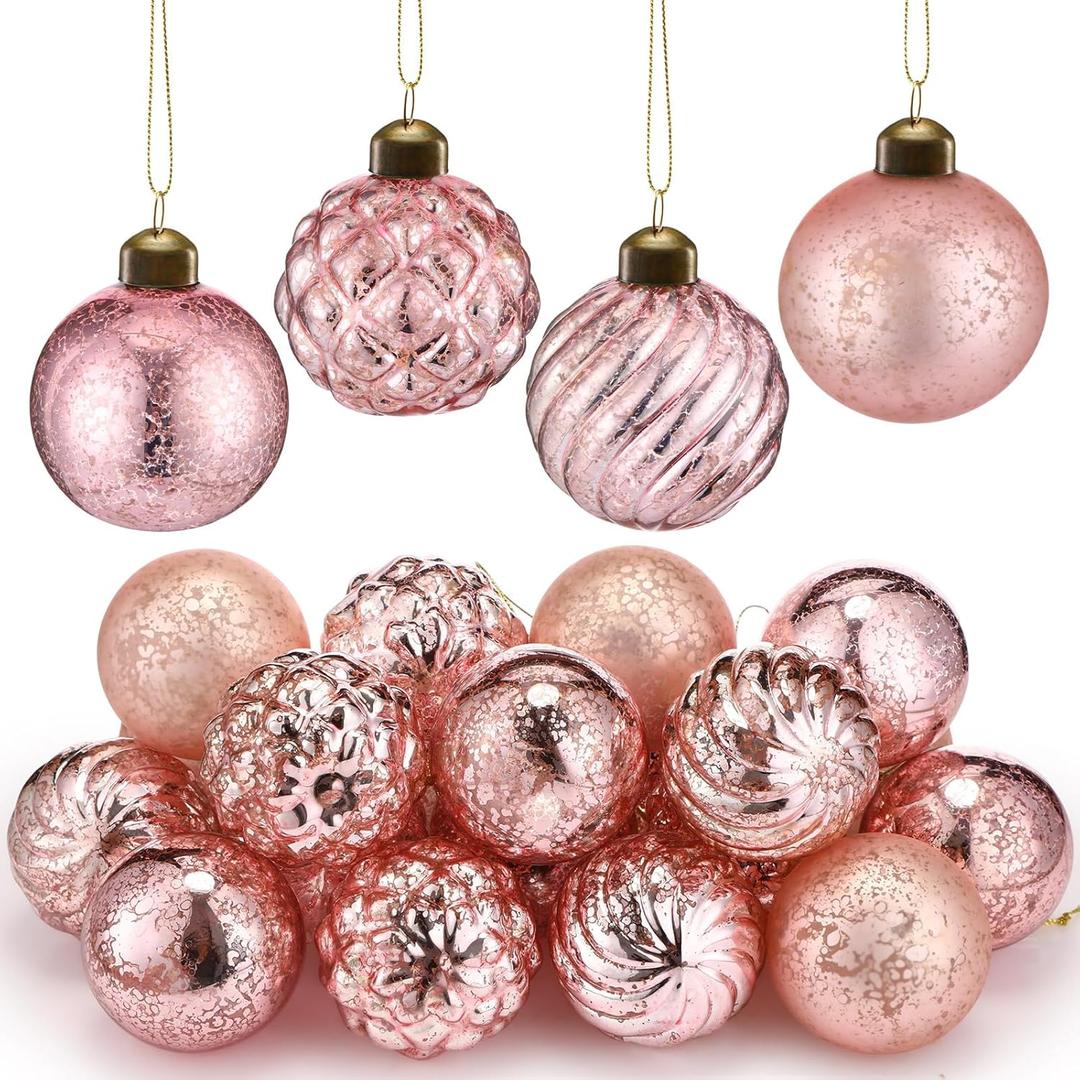 Syhood 24 Pcs 2.36 Inch Mercury Glass Christmas Ornaments Antique Vintage Glass Ball Ornaments Hanging Rustic Xmas Balls for Christmas Tree Wreaths Garland Party Wedding Decoration(Blush Pink)