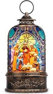Christmas Snow Globe Lantern, Lighted Nativity Scene Musical Water Lantern Play Silent Night Music in Swirling Glitter, Holiday Decorations Gifts for Family, Children or Friends