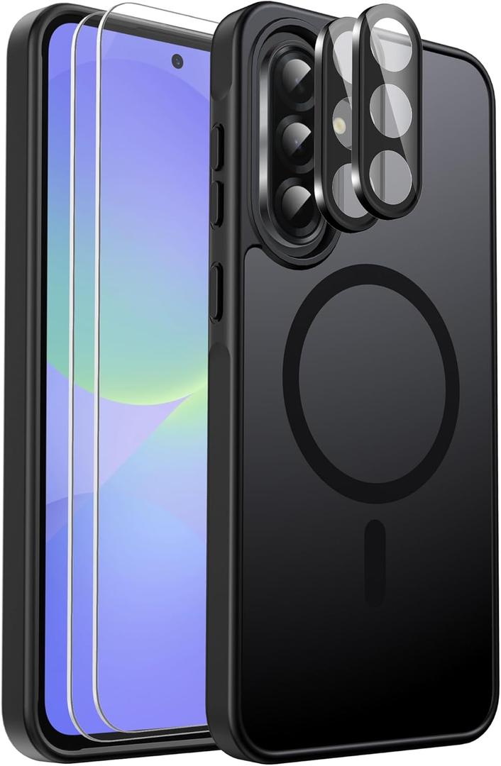 Ezanmull for Samsung Galaxy A36 5G Phone Case Magnetic Shockproof, [Fit for MagSafe] [Glass Screen Protector + Camera Lens Protector] Translucent Anti-Fingerprint (Black)