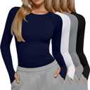 Oakgarden 4 Pack Women's Seamless Workout Shirts Long Sleeve Yoga Athletic Top Thumb Holes Raglan Crewneck Sports Running Tee (Large, Black, Bright Gray, White, Navy Blue)