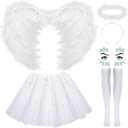 Hillban Halloween Angel Costume Angel Feather Wings Tutu Skirt Angel Headband and Devil Horns Socks Gems Stickers for Women (Angel, Kid Size)
