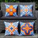 ONWAY Outdoor Pillow Covers Waterproof Set of 4 Floral Boho Decorative Throw Cushion Cover Farmhouse Pillows for Bench, Couch, Sunbrella and Patio Furniture (BlueOrange, 18x18 Inch)