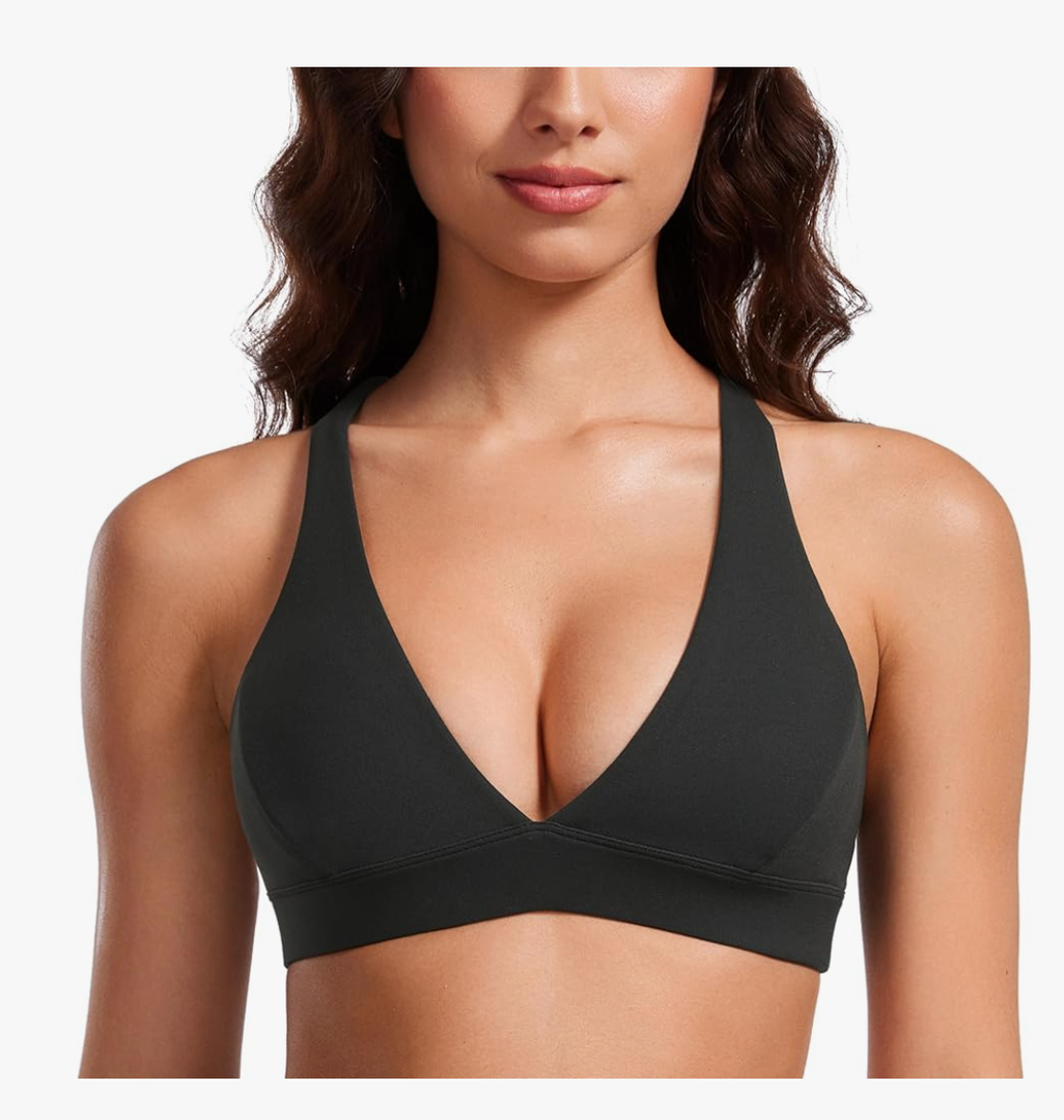 YOGA Butterluxe Deep V-Neck Sports Bras for Women - Spaghetti Strap Criss Cross Padded Top Low Coverage Wireless Yoga Size M