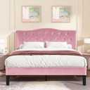VECELO Queen Size Bed Frame with Upholstered Headboard, Velvet Platform Bedframe Mattress Foundation, Sturdy Wooden Slats Support,No Box Spring Needed Noise Free/Easy Assembly,Pink