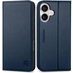 SHIELDON Wallet Case for iPhone 17 6.3-inch 2025 | Genuine Leather | Foldable | RFID Blocking Credit Card Holder | Kickstand | Magnetic Closure | Shockproof TPU Phone Cover | Navy Blue