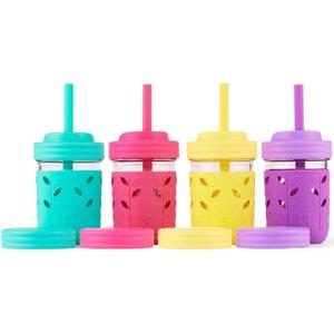 Elk and Friends Kids + Toddler Glass Cups | The Original 8oz Glass Mason Jar with Sleeves + Lids | Silicone Straws + Stopper | Smoothie Cup | Food Storage | Spill Resistant | Dishwasher Safe | 4 Pack