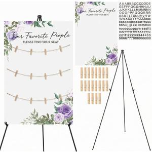 Pinkunn Purple Floral Wedding Seating Chart with Easel Display Stand 15.8 x 23.6 Inch Rustic Wooden Seating Chart Board Please Find Your Seat Sign for Engagement Baby & Bride Shower Wedding Sign Decor