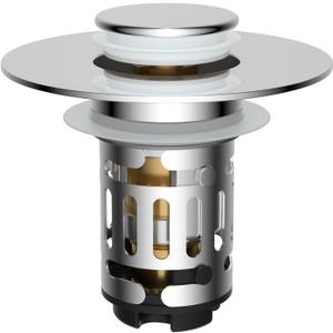 Hibbent Upgraded 3 in 1 Bathroom Sink Drain Strainer, Universal Pop Up Stopper with Removable Stainless Steel Filter Basket Hair Catcher, Sink Plug for 1.1''~2.36'' Basin, Brass Bullet Core, Chrome