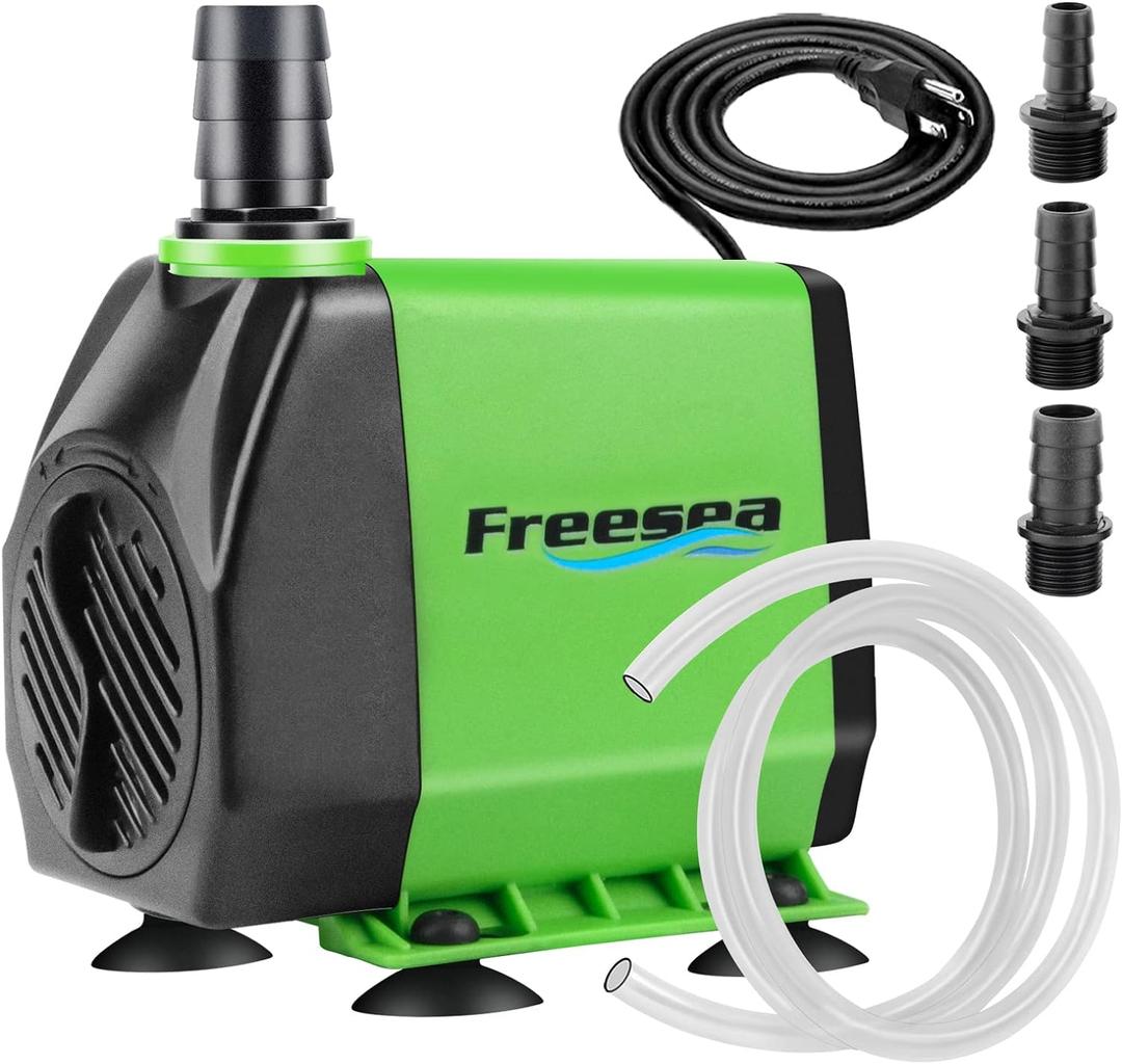 FREESEA Fountain Submersible Water Pump: 800GPH 45W Adjustable Small Pond Pump with 5ft Tubing Hose and 3 Nozzles 10ft High Lift for Outdoor | Hydroponics | Waterfall | Aquarium | Fish tank (45W/800GPH)