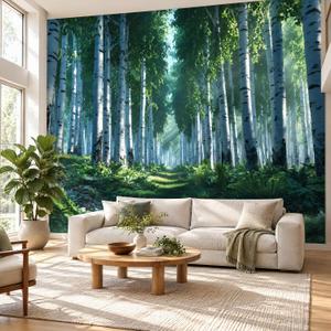 ASJ Peel and Stick Wallpaper Forest Mural, Birch Tree Fern Green, Size: 139" x 94", Color: Green, White, Deep Teal (Primary: Green)