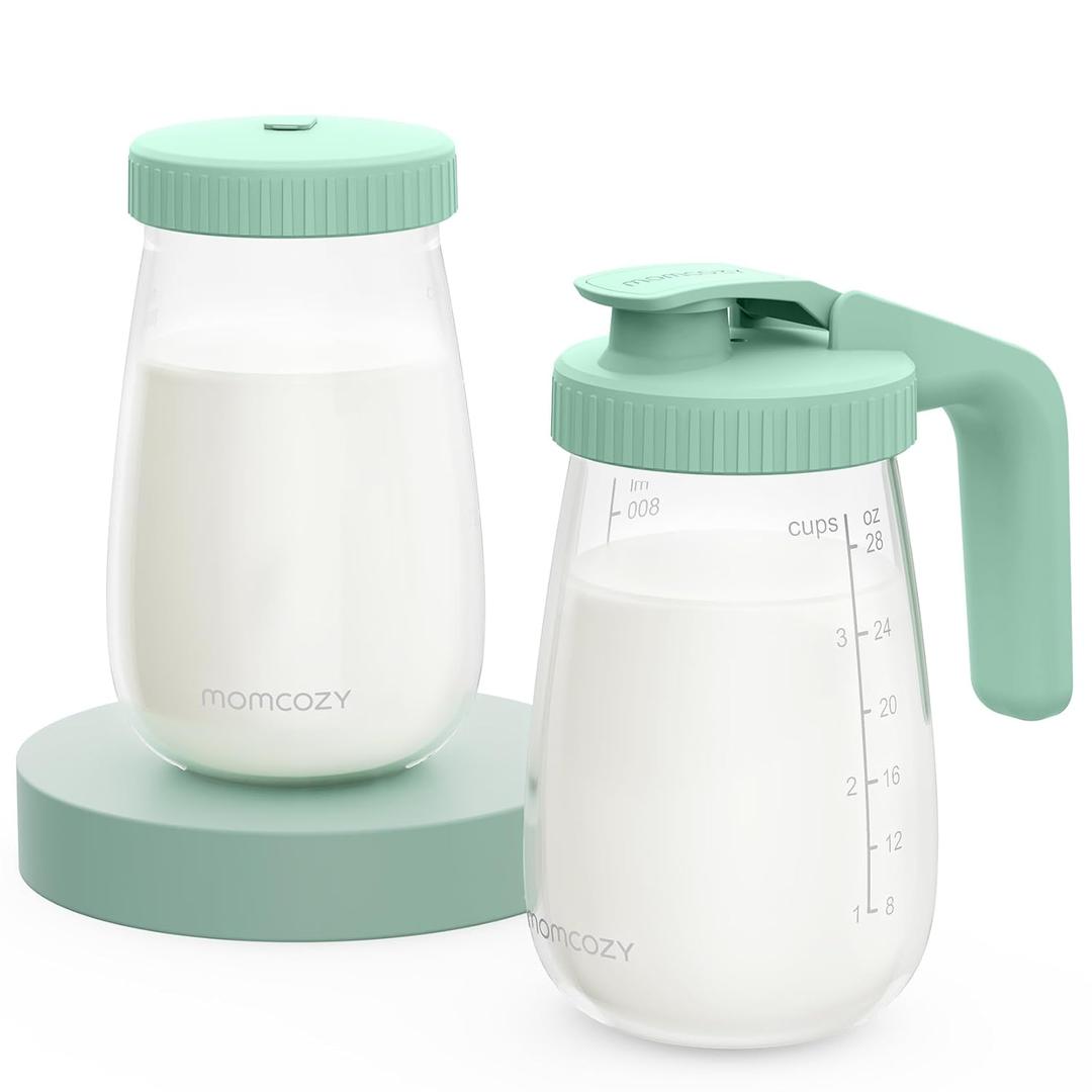 Momcozy Glass Breast Milk Pitcher, Milk Storage Container with Flat Lid & Handle Lid, Wide Mouth Leak-Resistant, Baby Formula Pitcher, Heat & Cold Resistant, 2 PCS, 32OZ Each (64OZ Total) (Green)