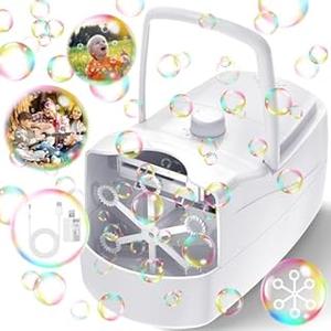 Bubble Machine, Automatic 18000+ Per Minute Big Bubbles Blower Maker for Kids Toddlers with 2 Speeds,6 Wands,Operated by Plugin or Batteries for Outdoor/Indoor Birthday Parties,Wedding (white)