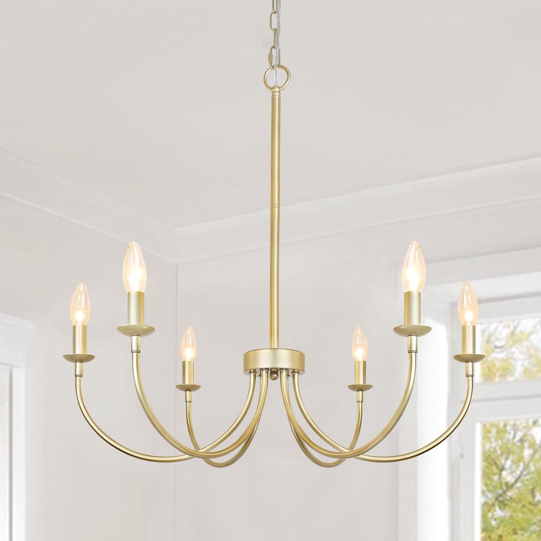 Gold Chandelier, 6-Light Farmhouse Chandelier for Dining Room Lighting Fixtures Hanging, Industrial Candle Modern Chandelier for Bedroom, Foyer, Living Room and Entryway