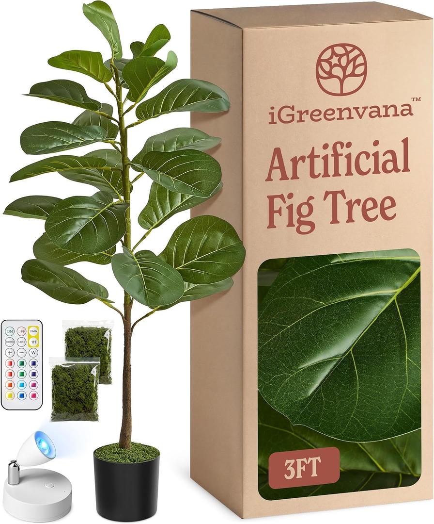 Artificial Fiddle Leaf Fig Tree 3ft (36 Inch) Tall - with Remote LED Spotlight - Realistic Faux Potted Plant & Moss for Living Room & Office Decor
