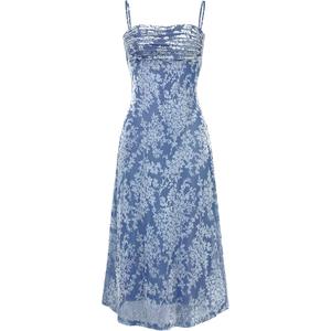 BTFBM Women's Summer Dress Sleeveless Spaghetti Strap Midi Dress Sexy Cowl Neck Floral Cocktail Dress Party Dresses (Blue)