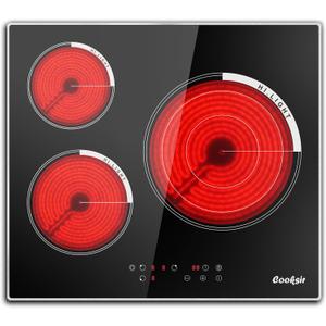 24 Inch Electric Cooktop, 3 Burner Built-in Ceramic Stove Top 220V-240V, 5700W Radiant Electric Cook Top with Touch Control, Timer, Safety Lock, 220V Hard Wired (No Plug)