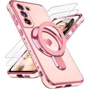for Samsung Galaxy S21 Love Heart Kickstand Case with 2X Screen Protector: Luxury Plated Gold Edge Slim Soft TPU Shockproof Protection Case Cover for Galaxy S21 (Pink)